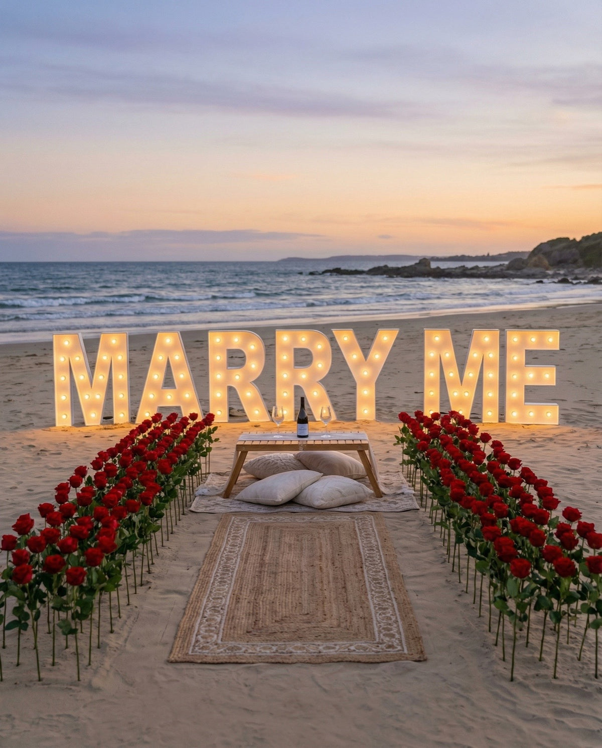 Tiani Eloquente proposal experience by Tiani Jewellery featuring MARRY ME letters, roses and a romantic picnic setup.