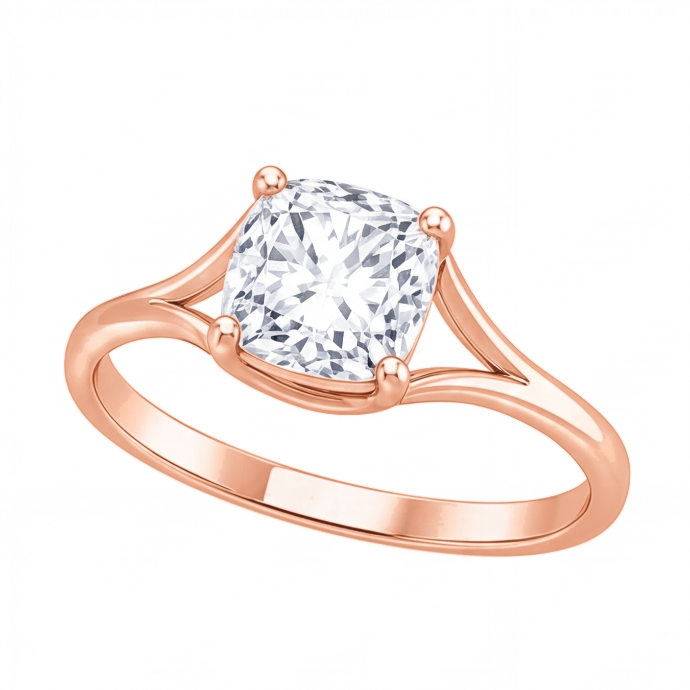 Tilda cushion diamond split shank engagement ring by Tiani Jewellery shown in rose gold, white gold and yellow gold.