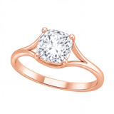 Tilda cushion diamond split shank engagement ring by Tiani Jewellery shown in rose gold, white gold and yellow gold.