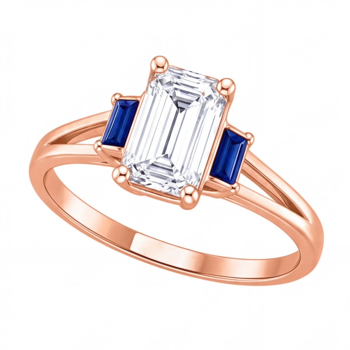 Valencia emerald cut diamond engagement ring with blue sapphire side stones by Tiani Jewellery shown in rose gold, white gold and yellow gold.