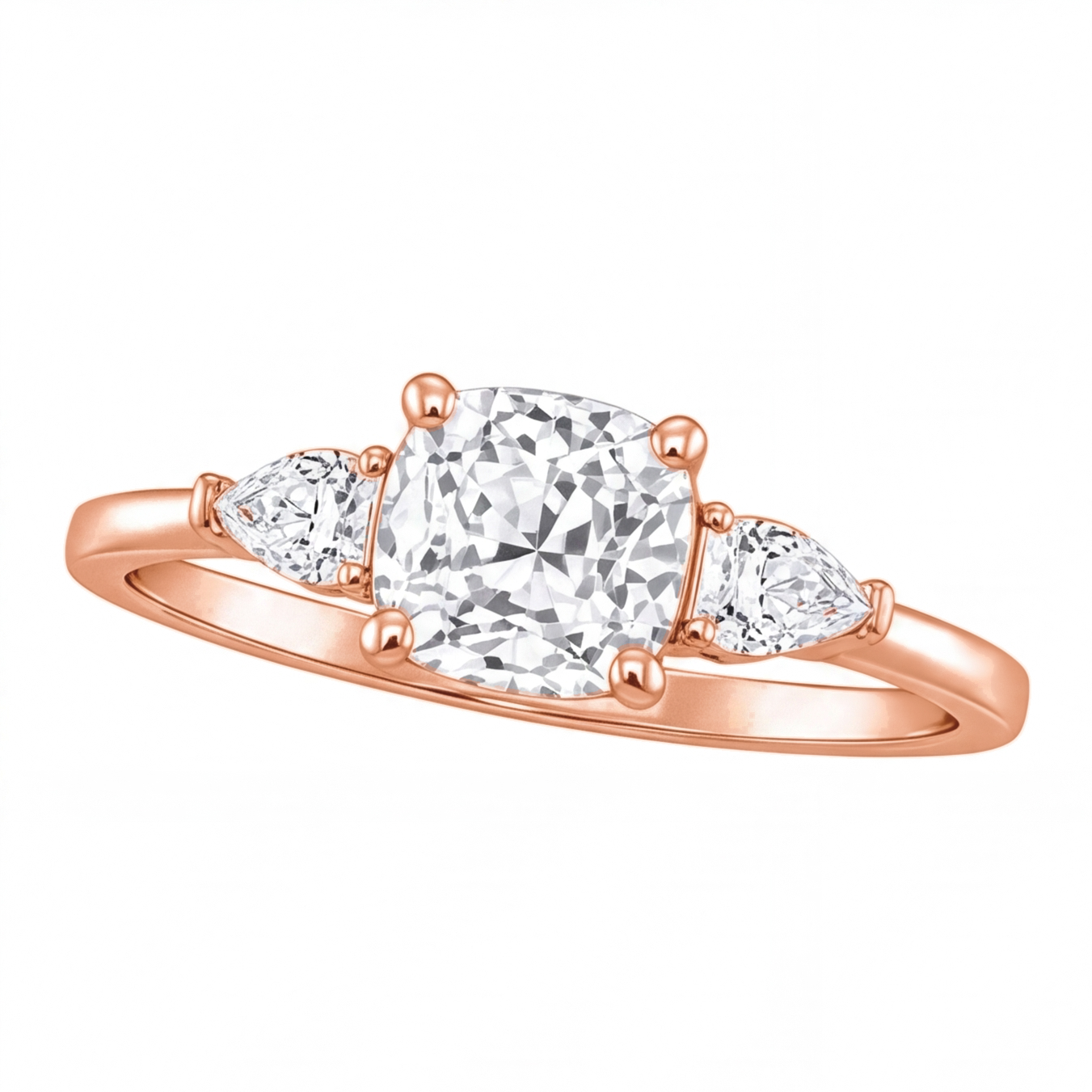 Winifred cushion diamond engagement ring with pear cut side stones by Tiani Jewellery shown in rose gold, white gold and yellow gold.