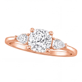Winifred cushion diamond engagement ring with pear cut side stones by Tiani Jewellery shown in rose gold, white gold and yellow gold.