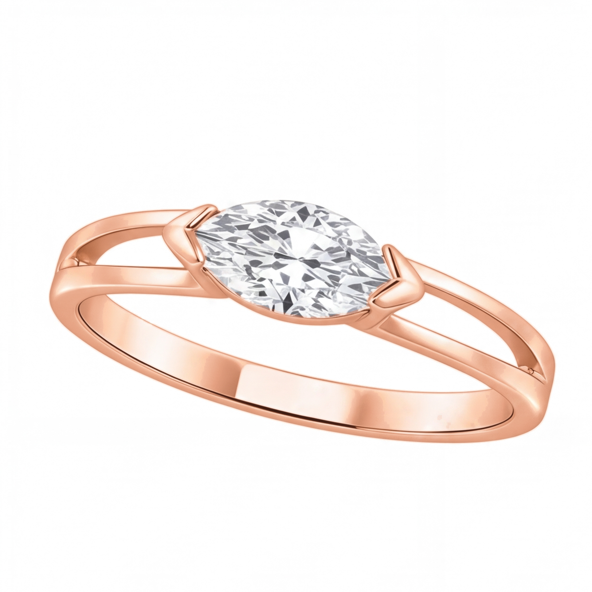 Renata east-west marquise diamond engagement ring by Tiani Jewellery shown in rose gold, white gold and yellow gold.
