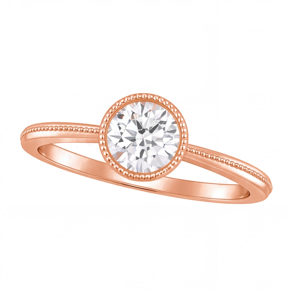 Ondine round bezel diamond milgrain engagement ring by Tiani Jewellery shown in rose gold, white gold and yellow gold.