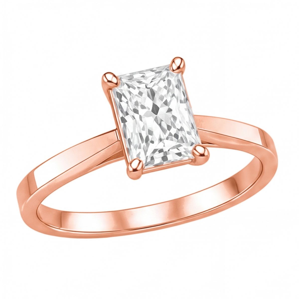 Vesper radiant diamond solitaire engagement ring by Tiani Jewellery shown in rose gold, white gold and yellow gold. 