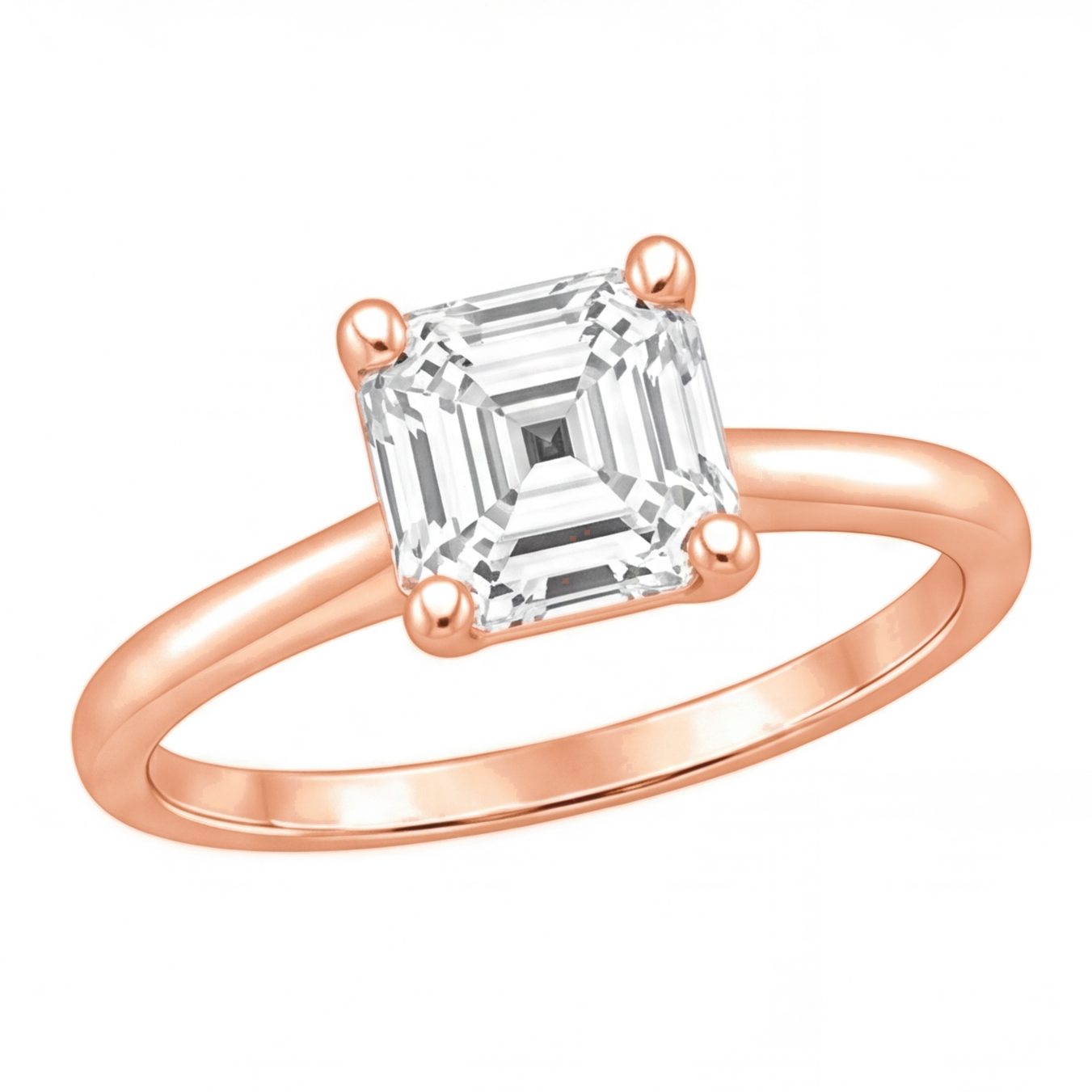 Yuna Asscher diamond solitaire engagement ring by Tiani Jewellery shown in rose gold, white gold and yellow gold.