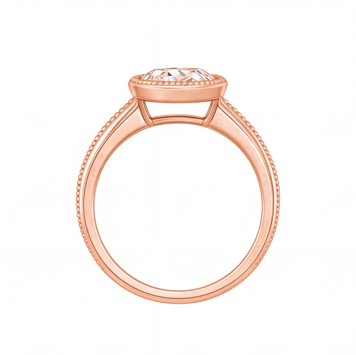 Ondine round bezel diamond milgrain engagement ring by Tiani Jewellery shown in rose gold, white gold and yellow gold.