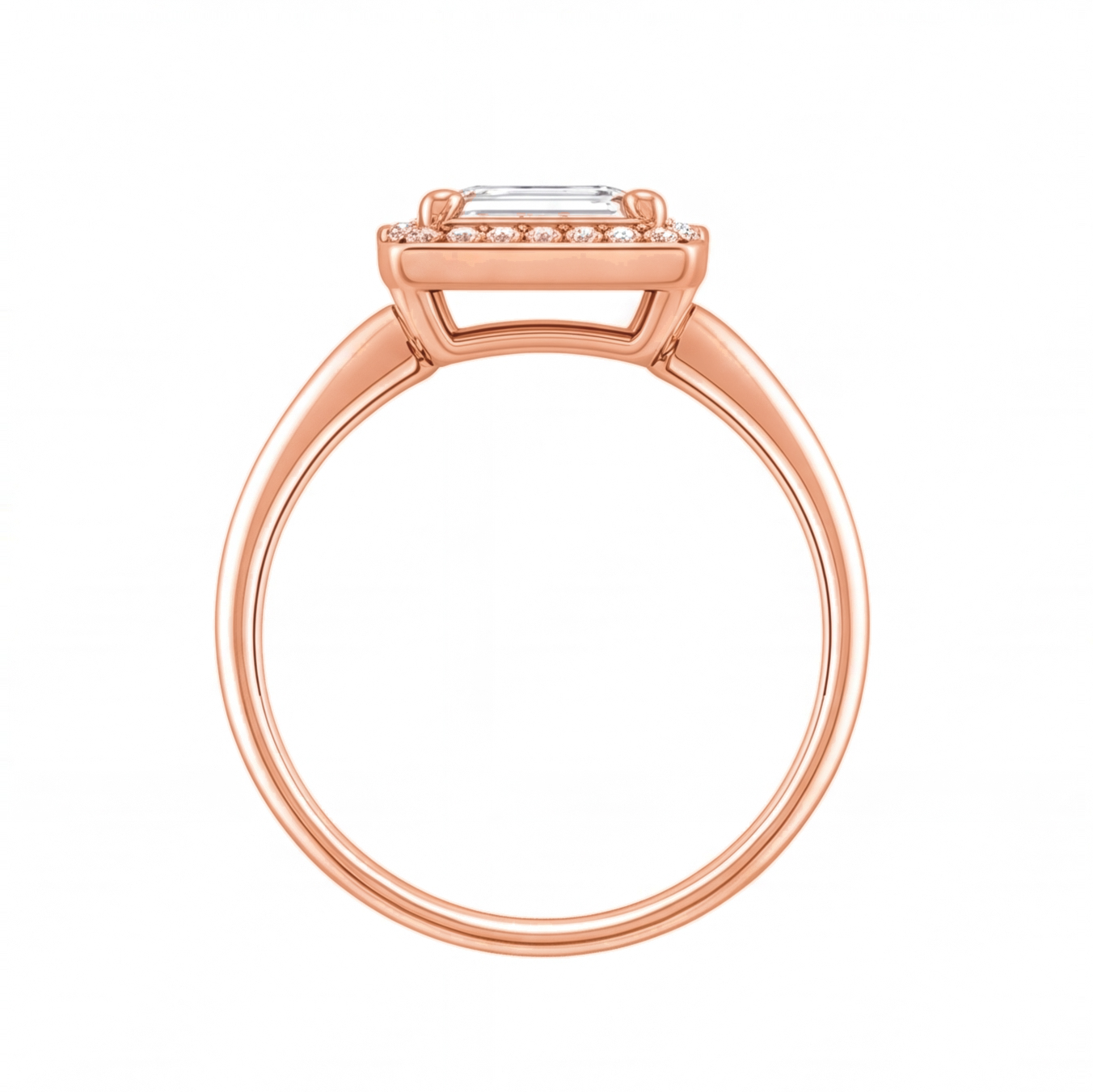 Zadie emerald cut diamond halo engagement ring by Tiani Jewellery in rose gold, white gold and yellow gold.