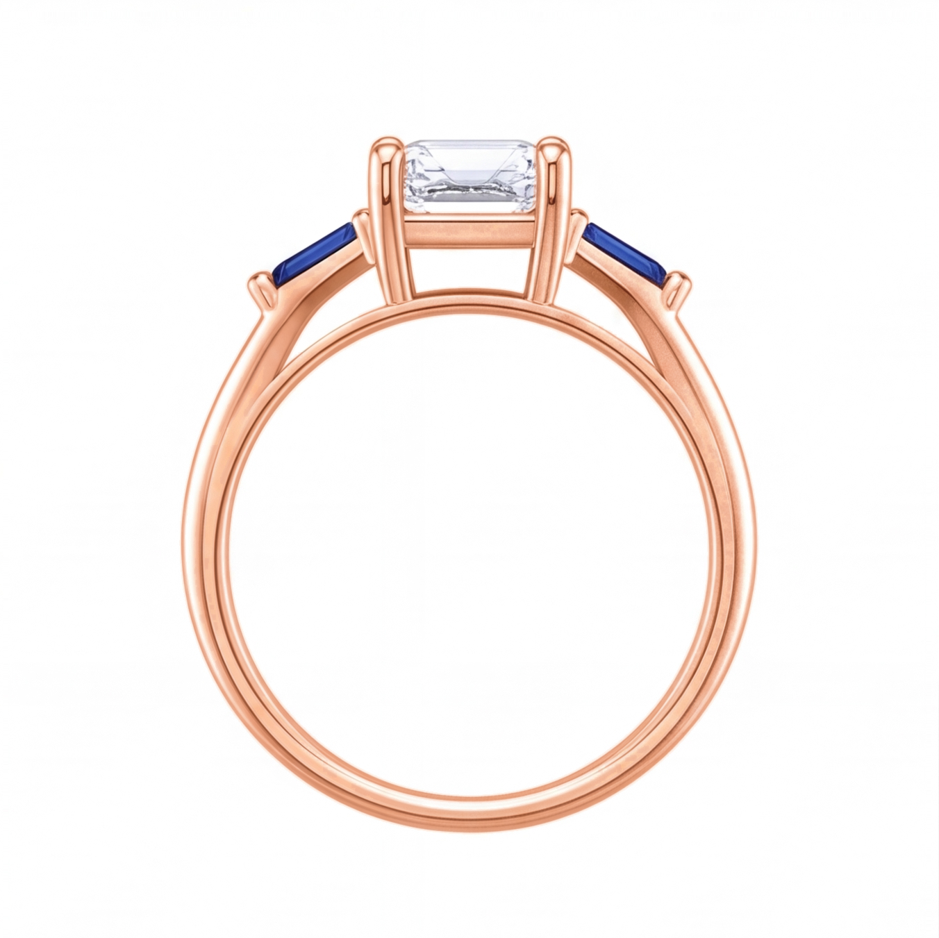 Valencia emerald cut diamond engagement ring with blue sapphire side stones by Tiani Jewellery shown in rose gold, white gold and yellow gold.