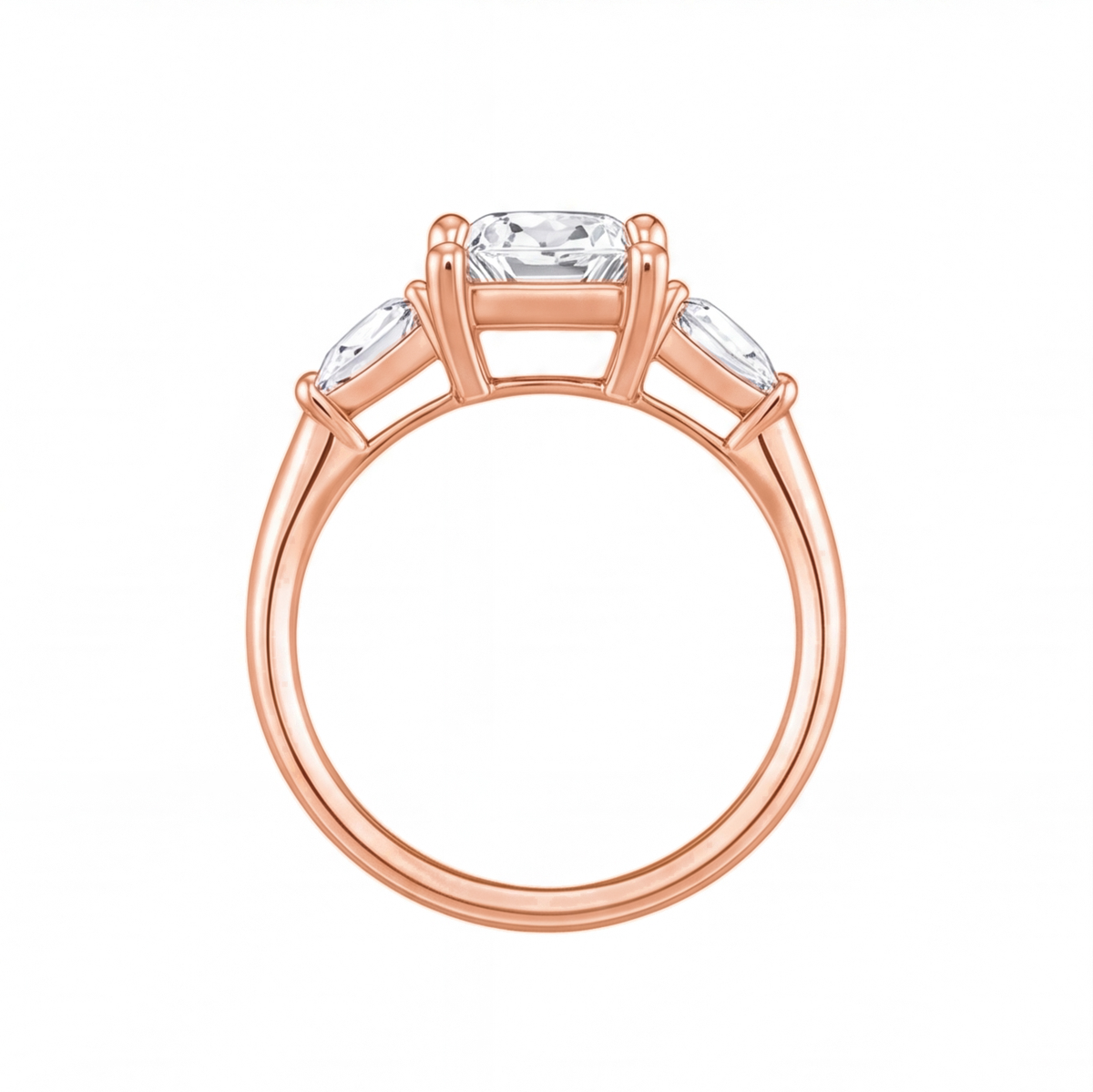 Winifred cushion diamond engagement ring with pear cut side stones by Tiani Jewellery shown in rose gold, white gold and yellow gold.