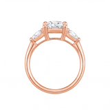 Winifred cushion diamond engagement ring with pear cut side stones by Tiani Jewellery shown in rose gold, white gold and yellow gold.