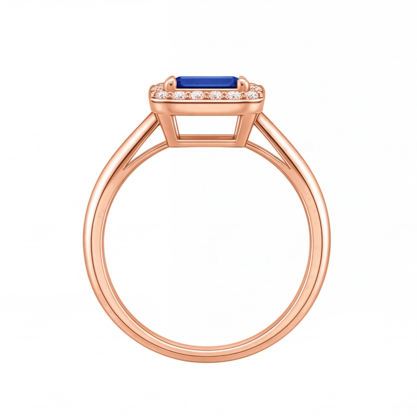 Nadine emerald cut blue sapphire halo engagement ring by Tiani Jewellery shown in rose gold, white gold and yellow gold.