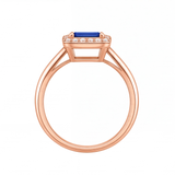 Nadine emerald cut blue sapphire halo engagement ring by Tiani Jewellery shown in rose gold, white gold and yellow gold.
