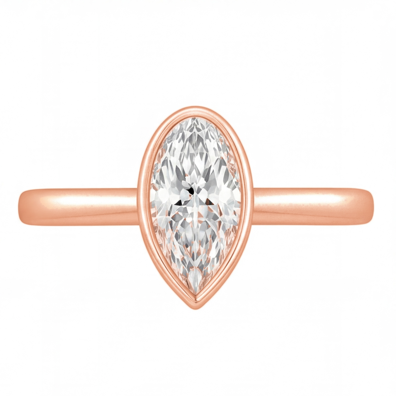 Lorelei pear cut bezel diamond solitaire engagement ring by Tiani Jewellery shown in rose gold, white gold and yellow gold.