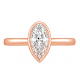 Lorelei pear cut bezel diamond solitaire engagement ring by Tiani Jewellery shown in rose gold, white gold and yellow gold.