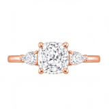 Winifred cushion diamond engagement ring with pear cut side stones by Tiani Jewellery shown in rose gold, white gold and yellow gold.