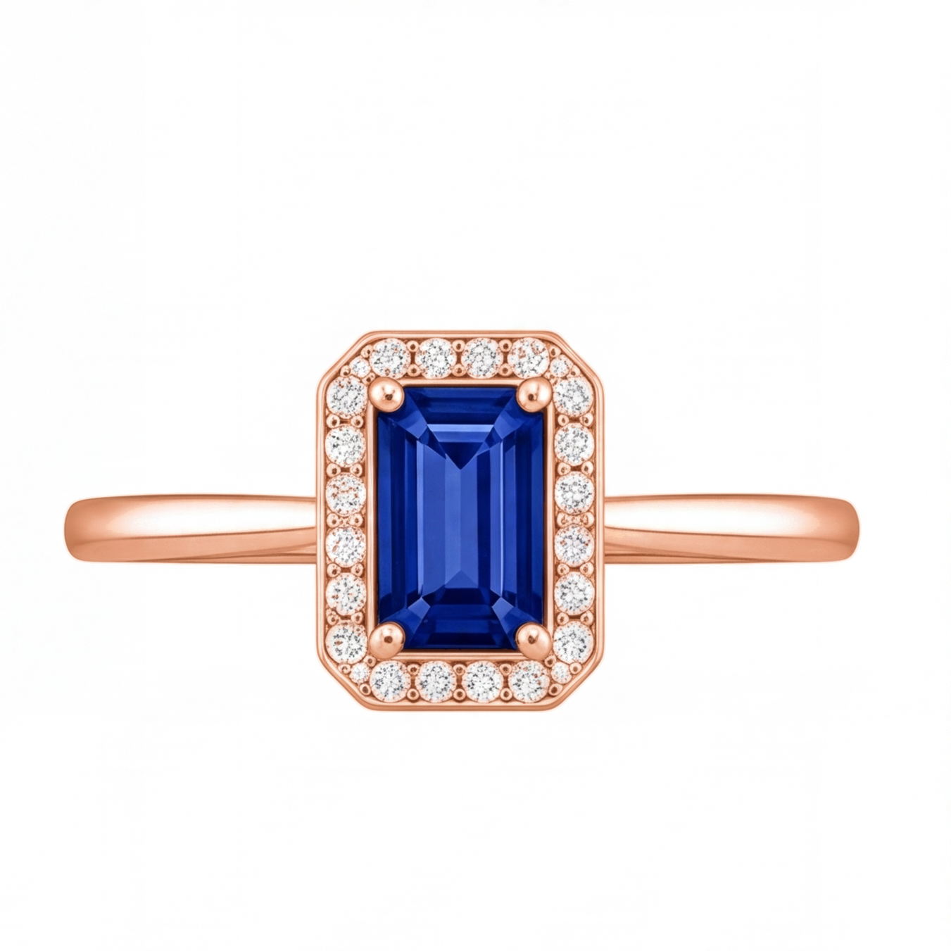 Nadine emerald cut blue sapphire halo engagement ring by Tiani Jewellery shown in rose gold, white gold and yellow gold.