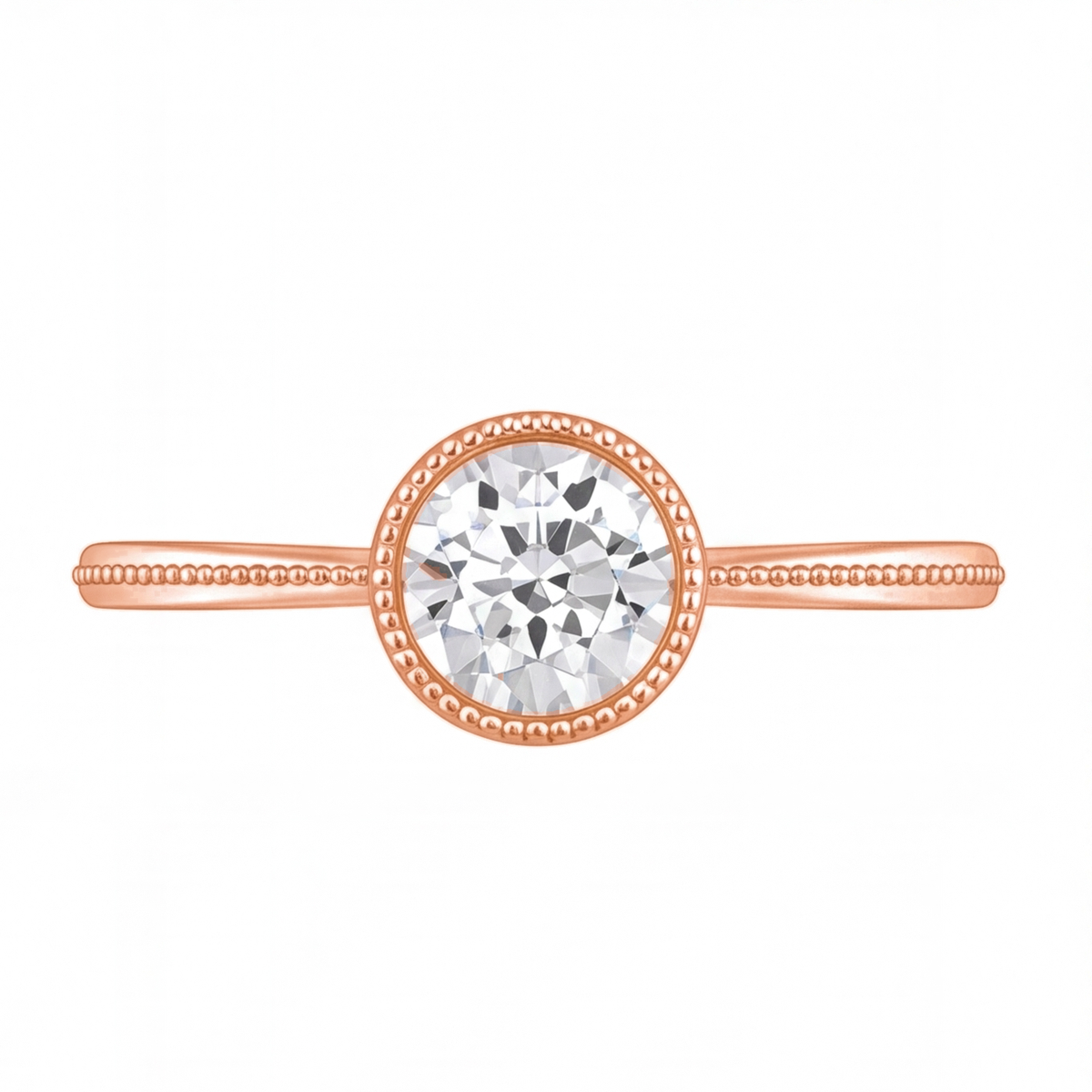 Ondine round bezel diamond milgrain engagement ring by Tiani Jewellery shown in rose gold, white gold and yellow gold.