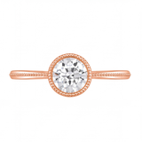 Ondine round bezel diamond milgrain engagement ring by Tiani Jewellery shown in rose gold, white gold and yellow gold.