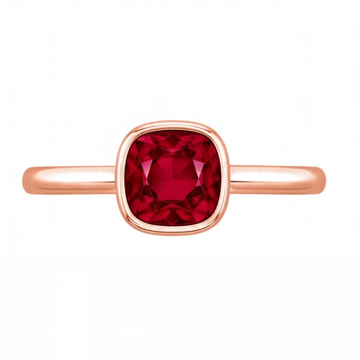 Xylia cushion ruby bezel engagement ring by Tiani Jewellery shown in rose gold, white gold and yellow gold.