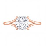 Tilda cushion diamond split shank engagement ring by Tiani Jewellery shown in rose gold, white gold and yellow gold.