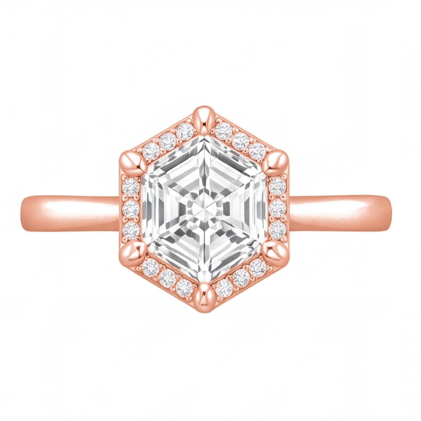 Mireya hexagon diamond halo engagement ring by Tiani Jewellery shown in rose gold, white gold and yellow gold.