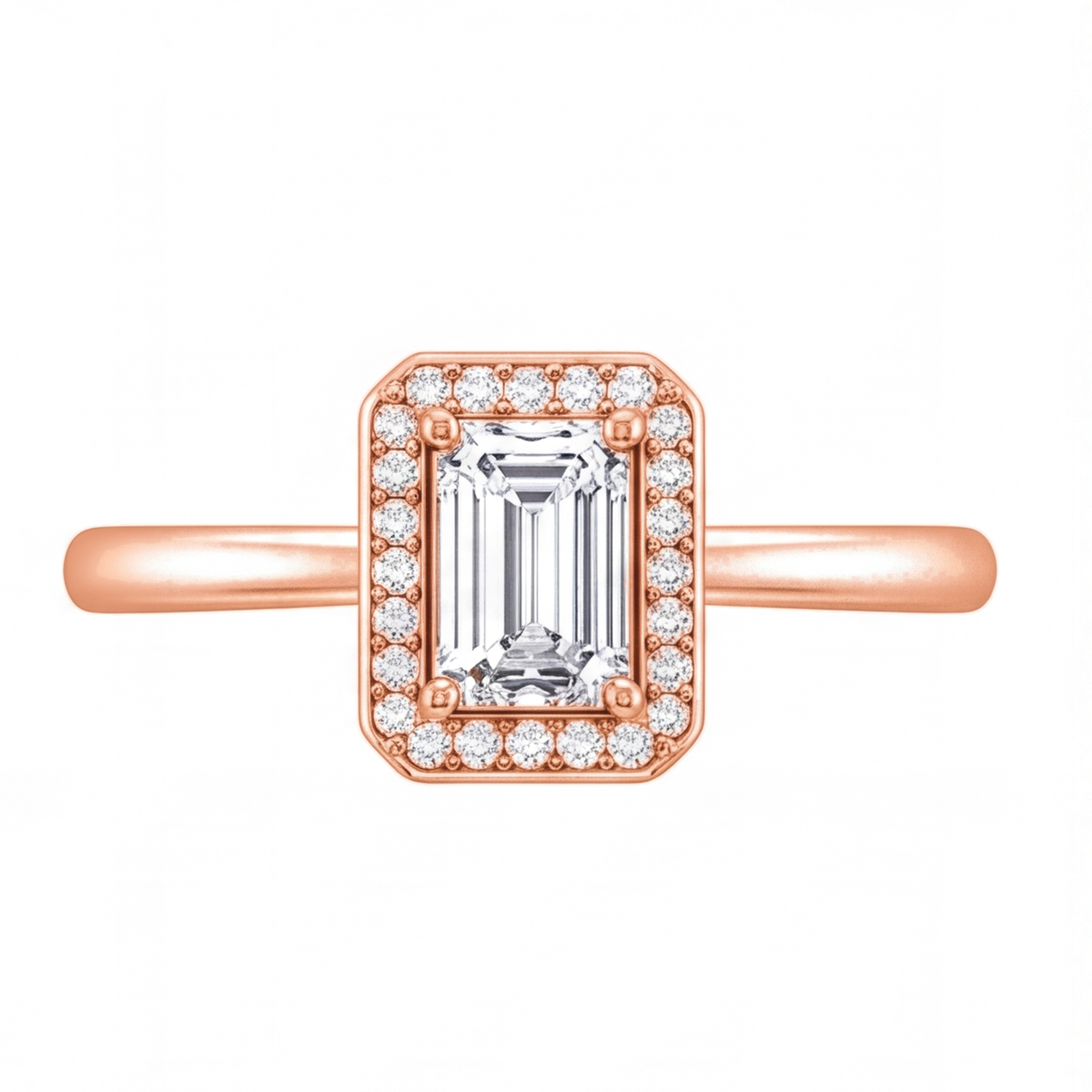 Zadie emerald cut diamond halo engagement ring by Tiani Jewellery in rose gold, white gold and yellow gold.