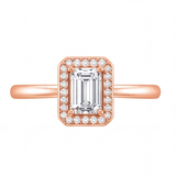 Zadie emerald cut diamond halo engagement ring by Tiani Jewellery in rose gold, white gold and yellow gold.