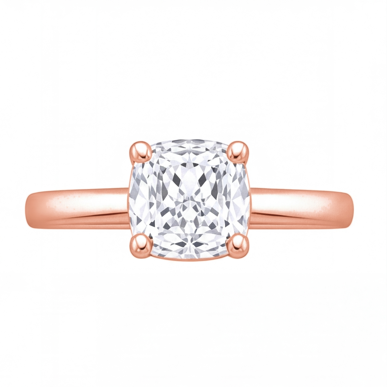 Pia cushion diamond solitaire engagement ring by Tiani Jewellery shown in rose gold, white gold and yellow gold.