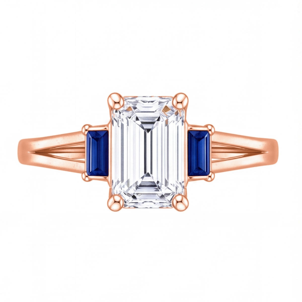 Valencia emerald cut diamond engagement ring with blue sapphire side stones by Tiani Jewellery shown in rose gold, white gold and yellow gold.