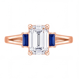 Valencia emerald cut diamond engagement ring with blue sapphire side stones by Tiani Jewellery shown in rose gold, white gold and yellow gold.