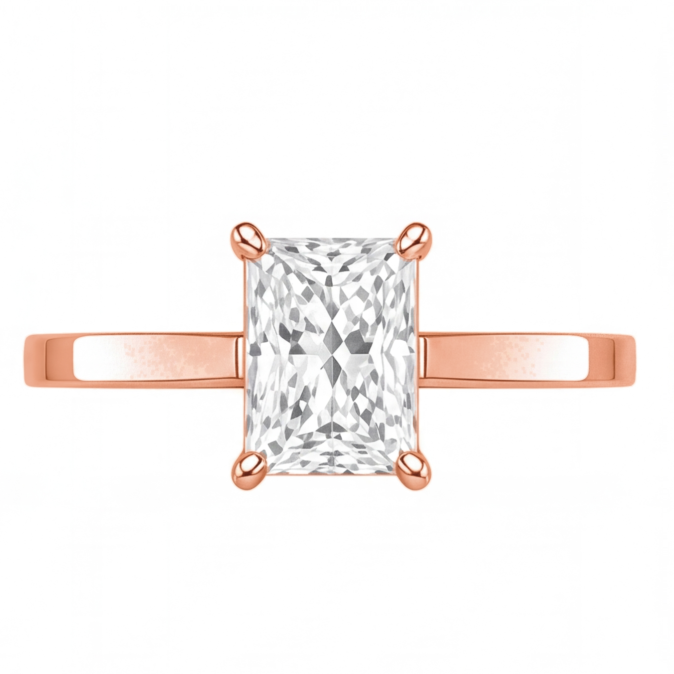 Vesper radiant diamond solitaire engagement ring by Tiani Jewellery shown in rose gold, white gold and yellow gold. 