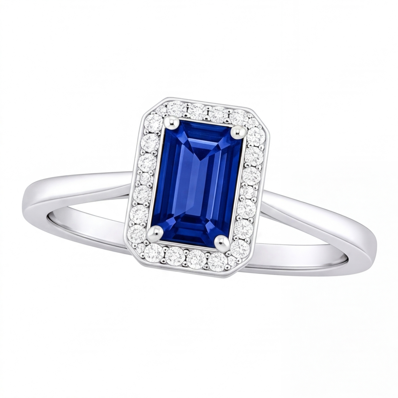 Nadine emerald cut blue sapphire halo engagement ring by Tiani Jewellery shown in rose gold, white gold and yellow gold.