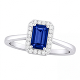 Nadine emerald cut blue sapphire halo engagement ring by Tiani Jewellery shown in rose gold, white gold and yellow gold.