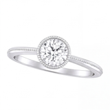 Ondine round bezel diamond milgrain engagement ring by Tiani Jewellery shown in rose gold, white gold and yellow gold.