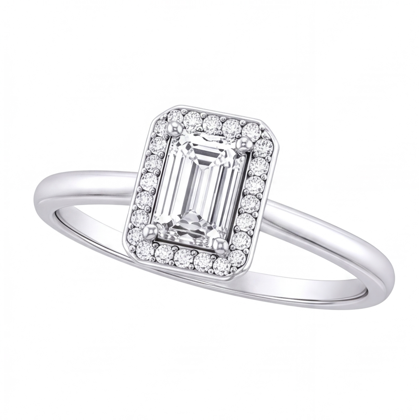 Zadie emerald cut diamond halo engagement ring by Tiani Jewellery in rose gold, white gold and yellow gold.