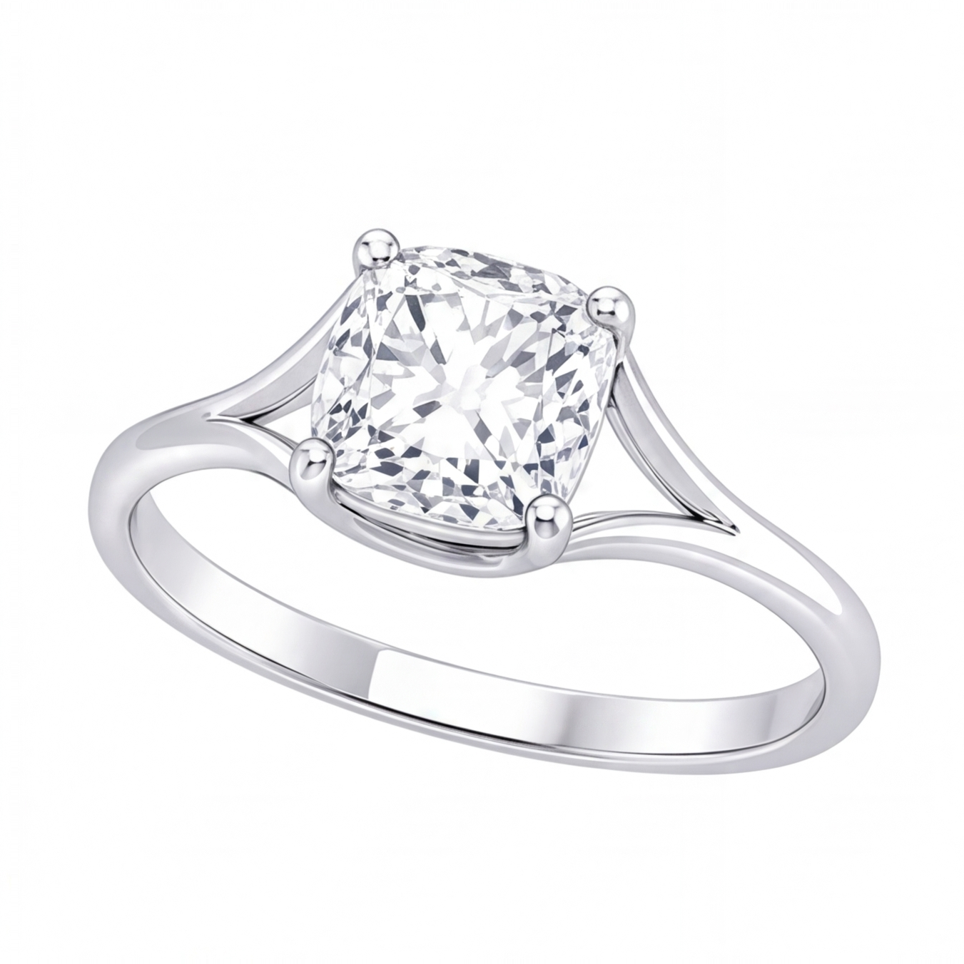 Tilda cushion diamond split shank engagement ring by Tiani Jewellery shown in rose gold, white gold and yellow gold. 