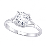 Tilda cushion diamond split shank engagement ring by Tiani Jewellery shown in rose gold, white gold and yellow gold. 