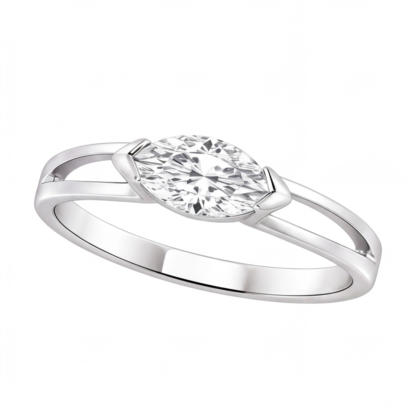 Renata east-west marquise diamond engagement ring by Tiani Jewellery shown in rose gold, white gold and yellow gold.