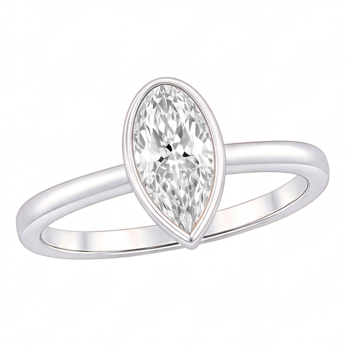 Lorelei pear cut bezel diamond solitaire engagement ring by Tiani Jewellery shown in rose gold, white gold and yellow gold.