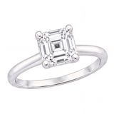 Yuna Asscher diamond solitaire engagement ring by Tiani Jewellery shown in rose gold, white gold and yellow gold.