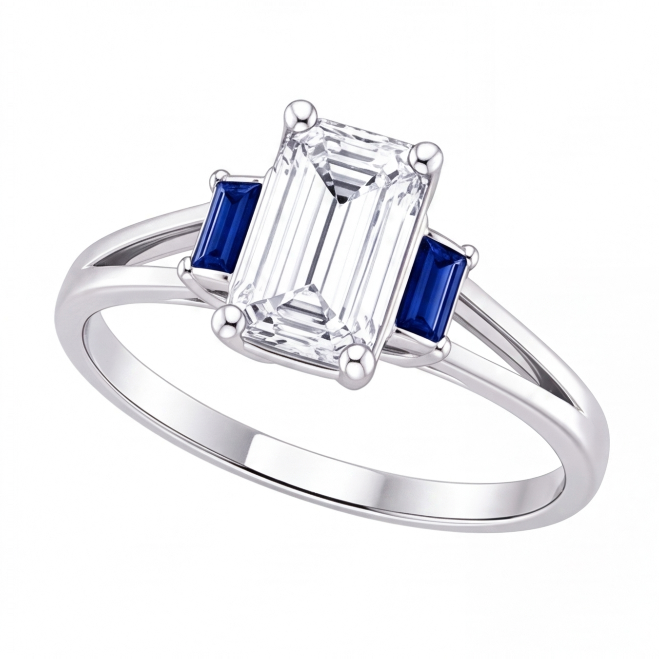 Valencia emerald cut diamond engagement ring with blue sapphire side stones by Tiani Jewellery shown in rose gold, white gold and yellow gold.