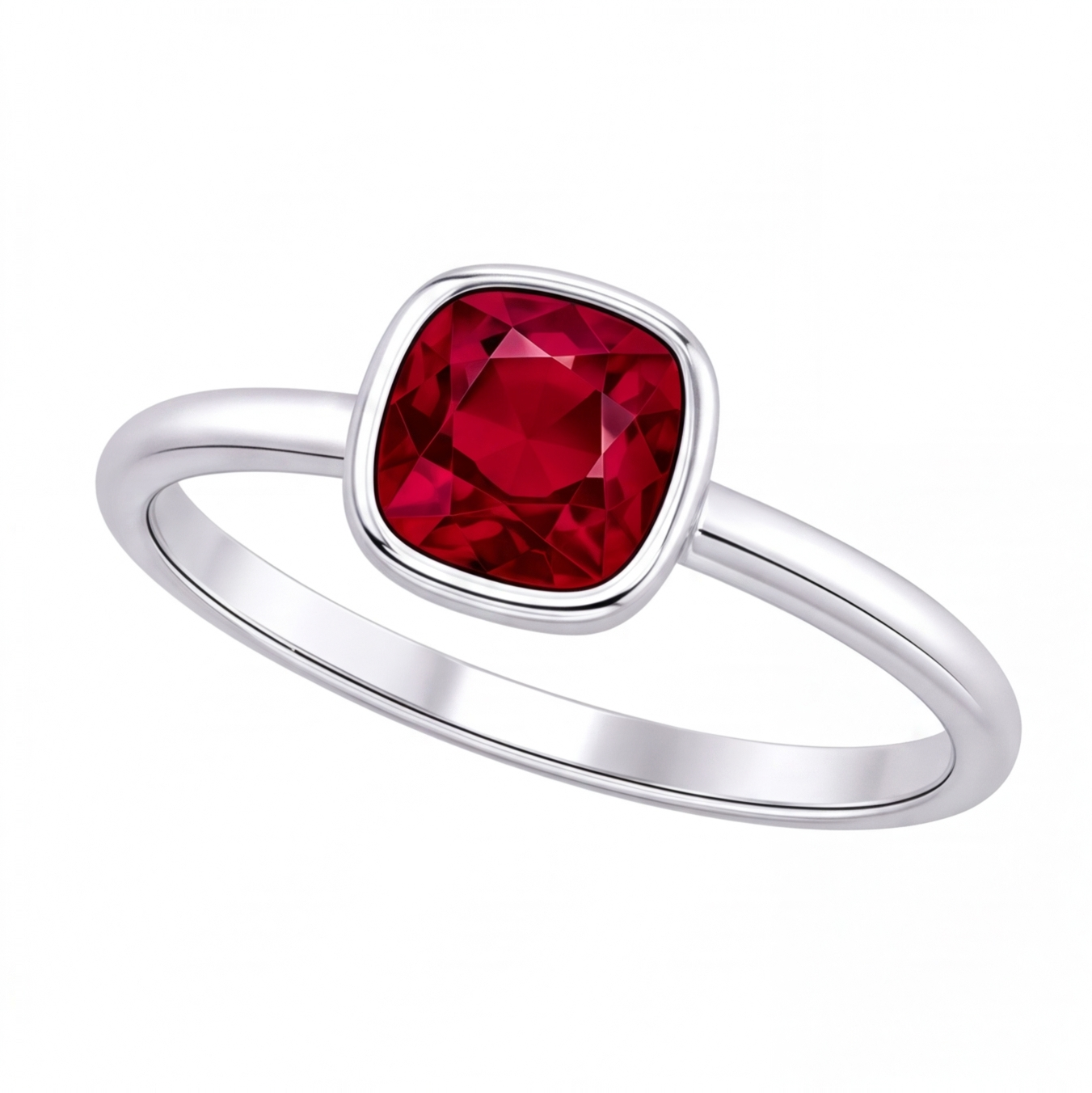Xylia cushion ruby bezel engagement ring by Tiani Jewellery shown in rose gold, white gold and yellow gold.