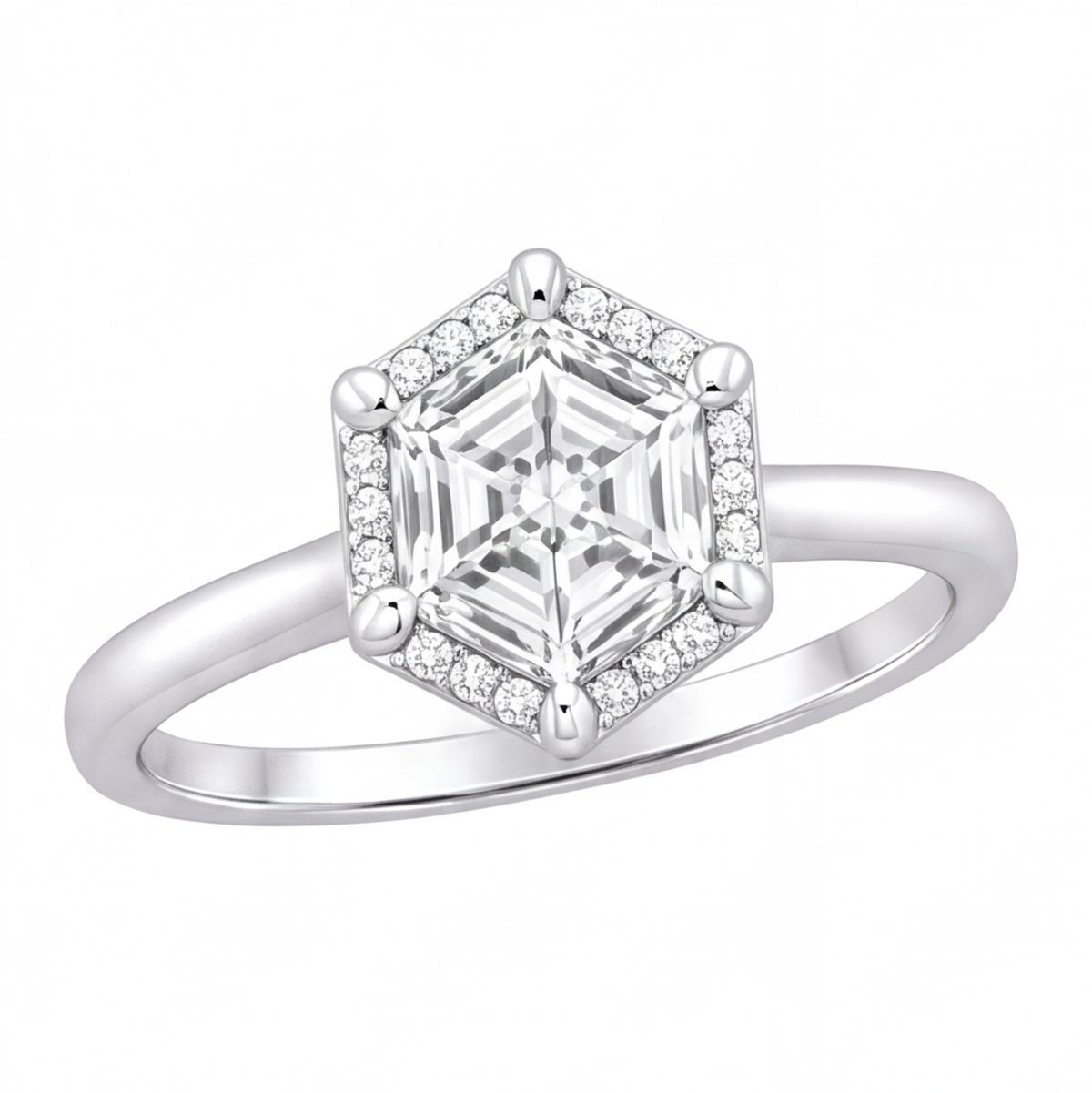 Mireya hexagon diamond halo engagement ring by Tiani Jewellery shown in rose gold, white gold and yellow gold.