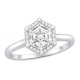 Mireya hexagon diamond halo engagement ring by Tiani Jewellery shown in rose gold, white gold and yellow gold.