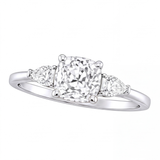 Winifred cushion diamond engagement ring with pear cut side stones by Tiani Jewellery shown in rose gold, white gold and yellow gold.