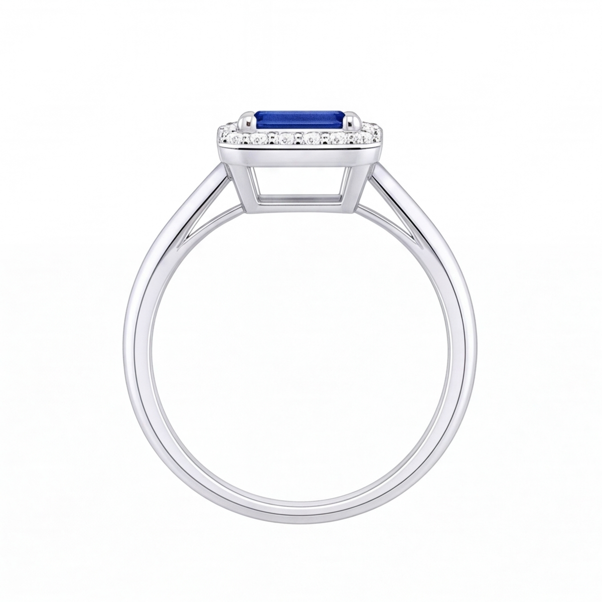 Nadine emerald cut blue sapphire halo engagement ring by Tiani Jewellery shown in rose gold, white gold and yellow gold. 