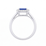Nadine emerald cut blue sapphire halo engagement ring by Tiani Jewellery shown in rose gold, white gold and yellow gold. 