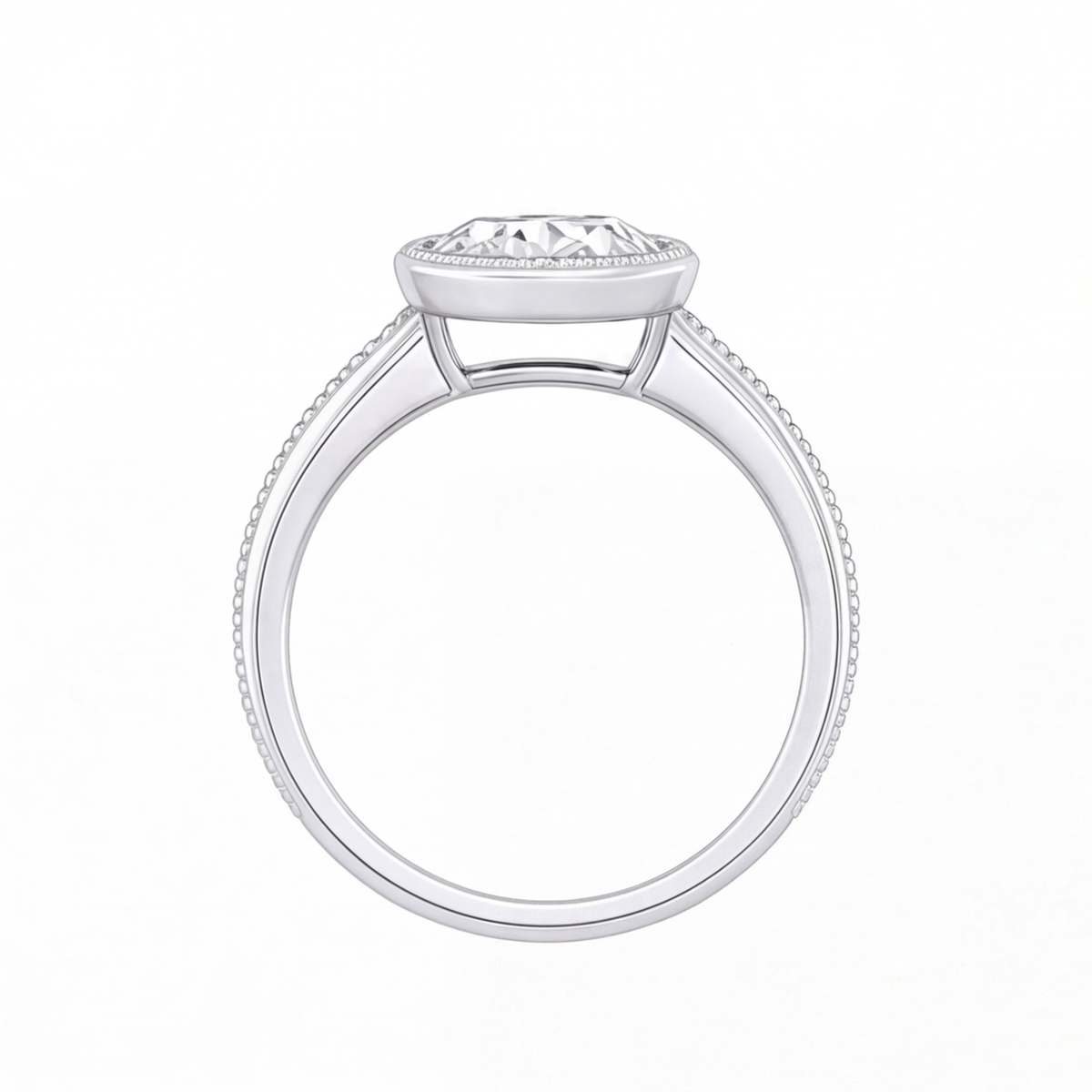 Ondine round bezel diamond milgrain engagement ring by Tiani Jewellery shown in rose gold, white gold and yellow gold.
