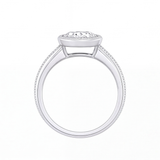 Ondine round bezel diamond milgrain engagement ring by Tiani Jewellery shown in rose gold, white gold and yellow gold.